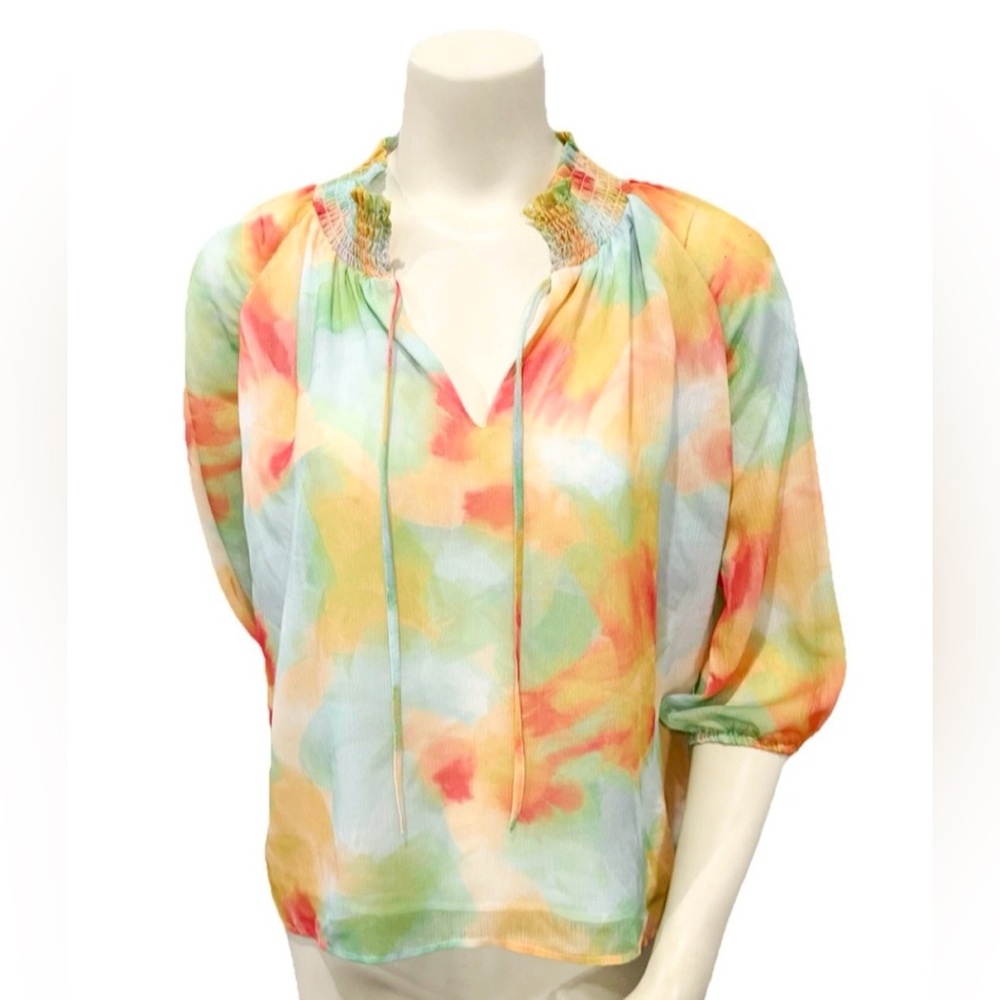Tart Collections Womens M Sheer Watercolor Pastel Tie Neck Smocked Puff Sleeve